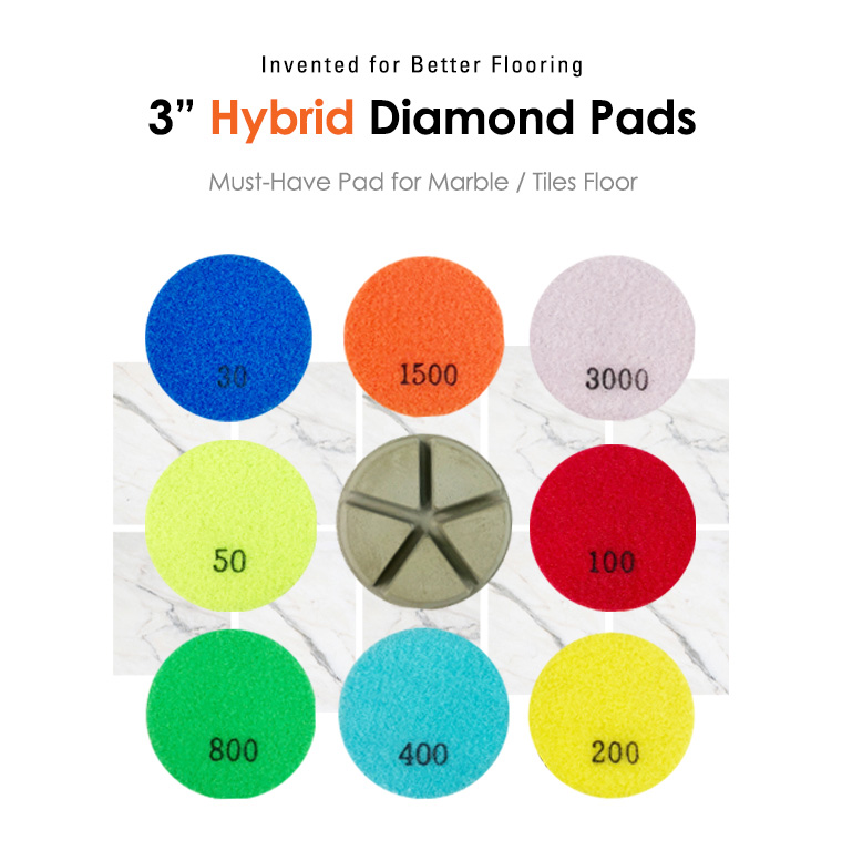 hybrid diamond pads 3in, marble tiles floor.